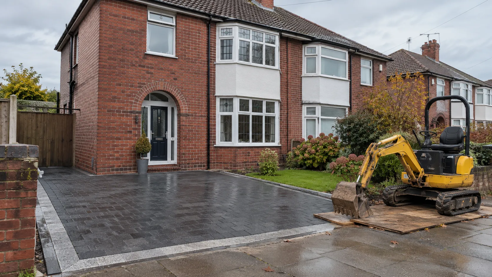 A new charcoal block paving driveway with light granite edging in front of a red brick semi