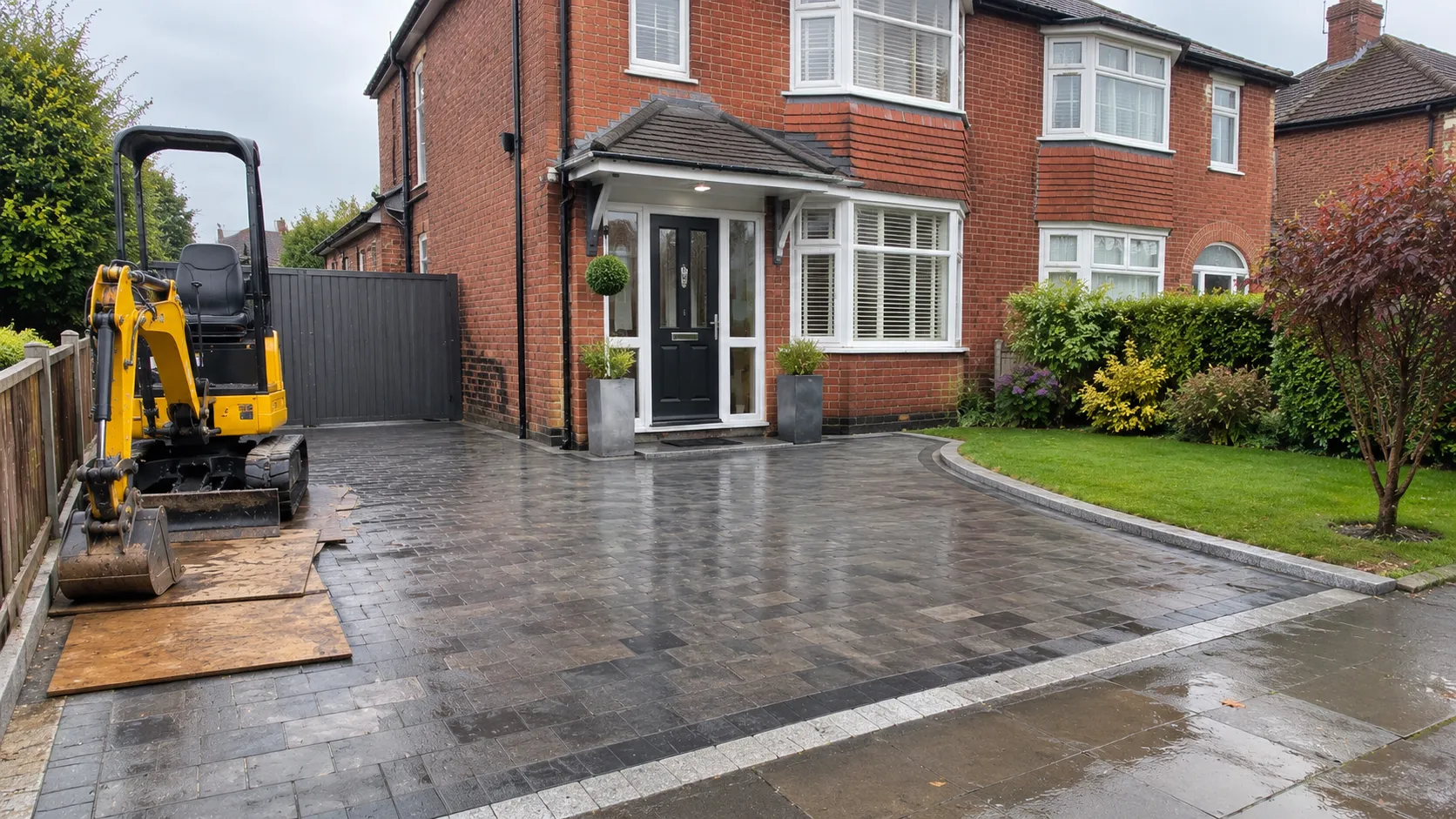 A new grey block paving driveway with granite edging and a curved lawn edge in front of a red brick semi, with a mini digger parked on boards
