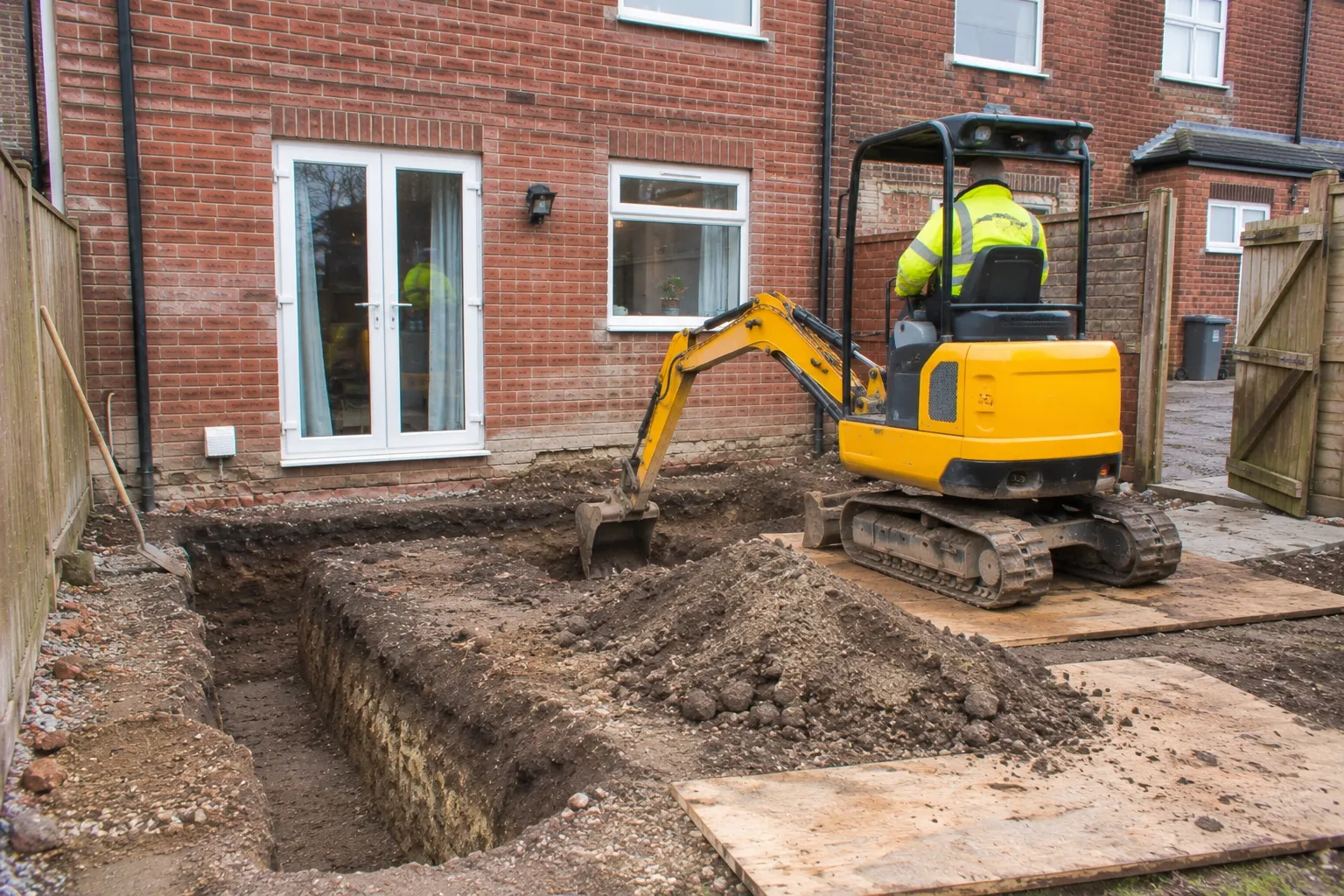 A mini digger digging footings in the back garden of a red brick house