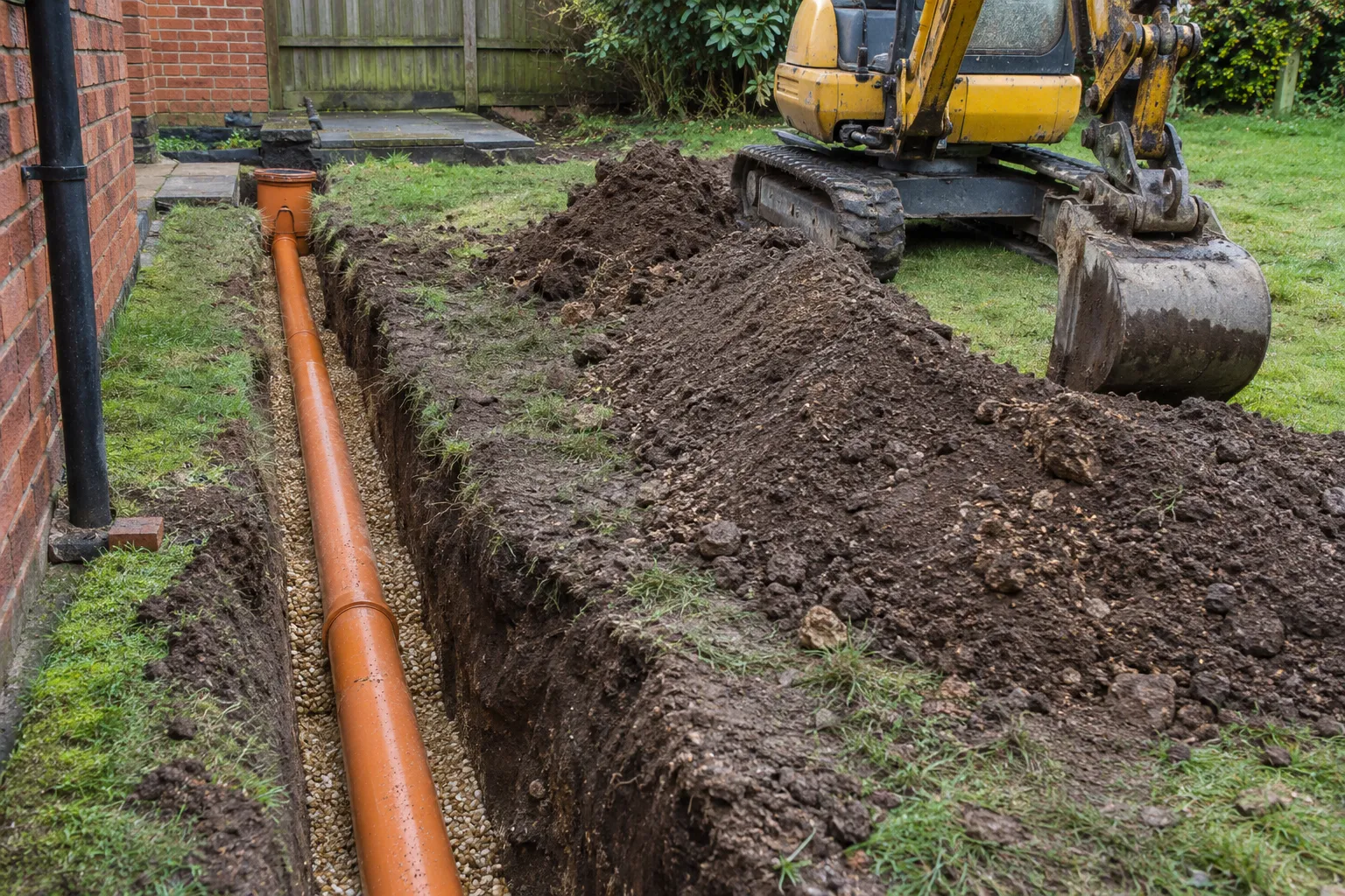 A new orange drain pipe laid on gravel in a garden trench, with a mini digger beside it