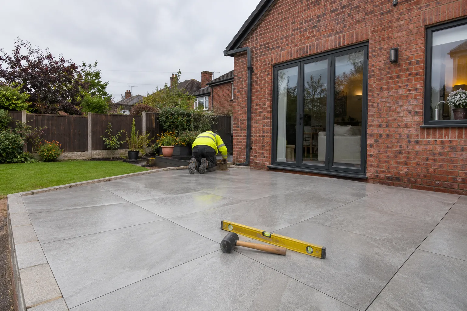 A light grey porcelain patio being finished at the back of a red brick house