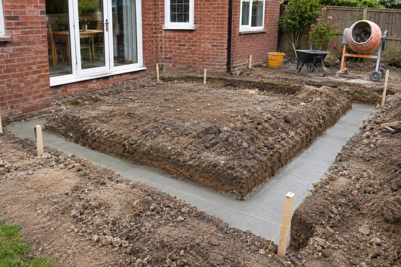 Freshly poured strip foundations for a rear extension, with pegs and string lines