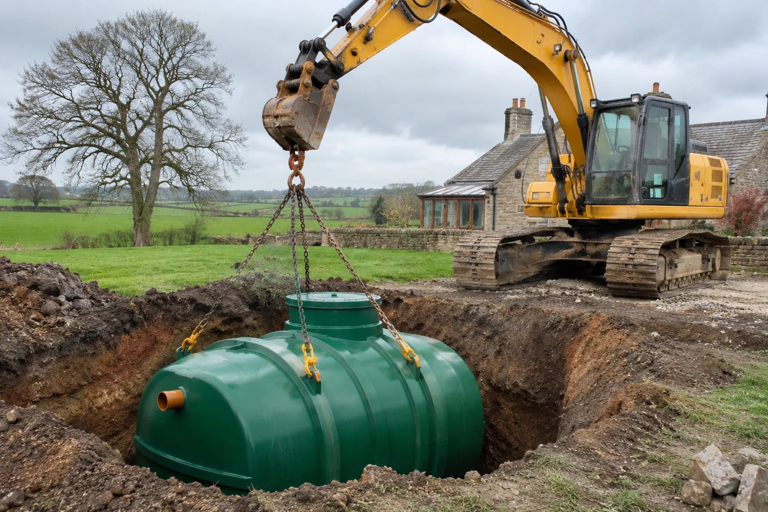 A green sewage treatment plant being lowered into the ground by an excavator in a rural garden